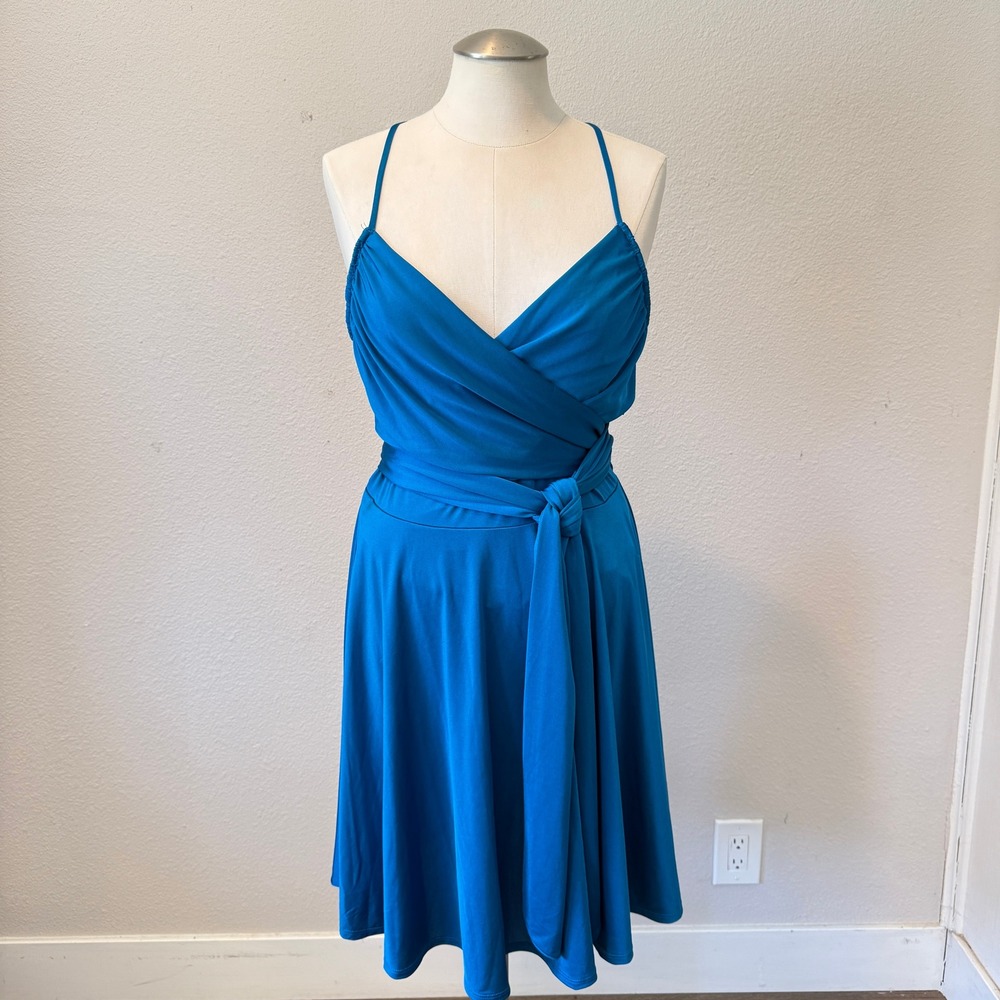 GUESS Womens Teal Blue Wrap Front Tie Waist Spaghetti Strap Skater Dress Large